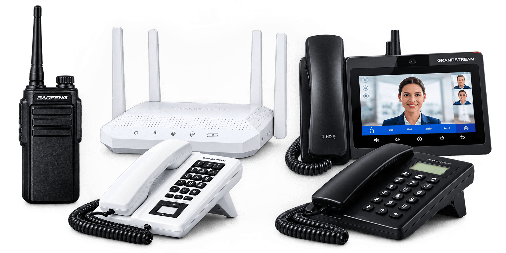 Communication devices: two-way radio, wireless router, desk phones and an IP video phone