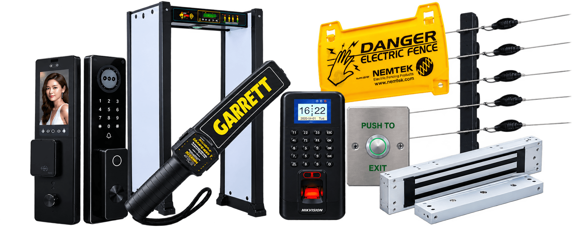 Digital security products: smart door locks, walk-through and hand-held metal detectors, biometric terminal, exit button, magnetic lock and electric fence