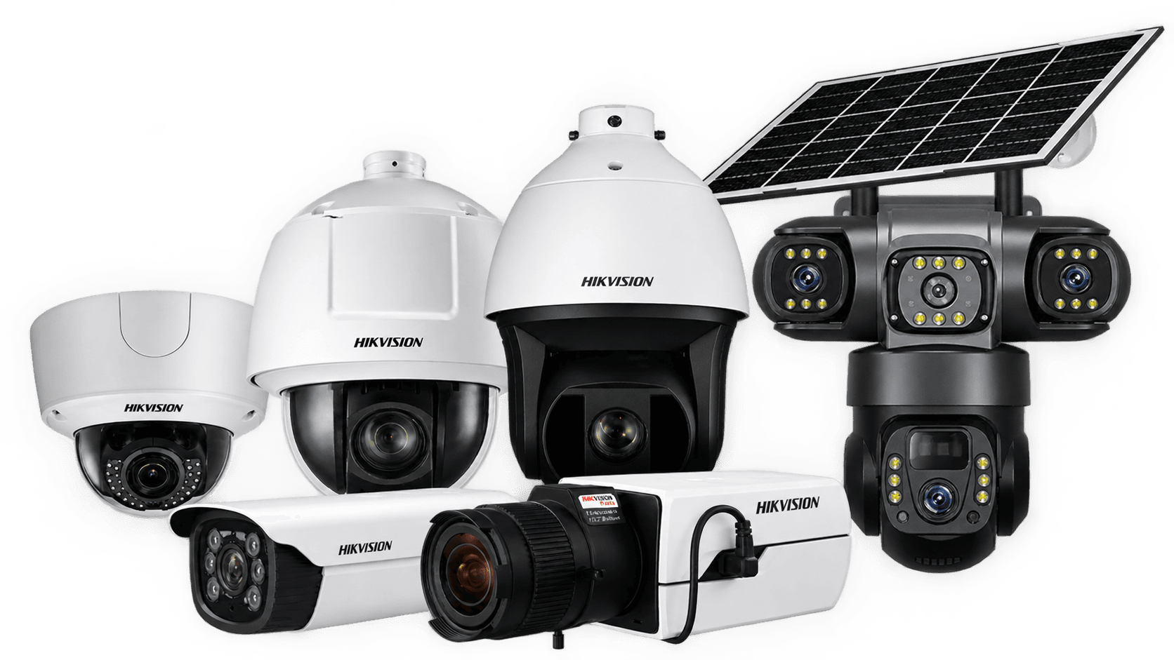 Range of Hikvision CCTV cameras including dome, bullet, PTZ and solar-powered models